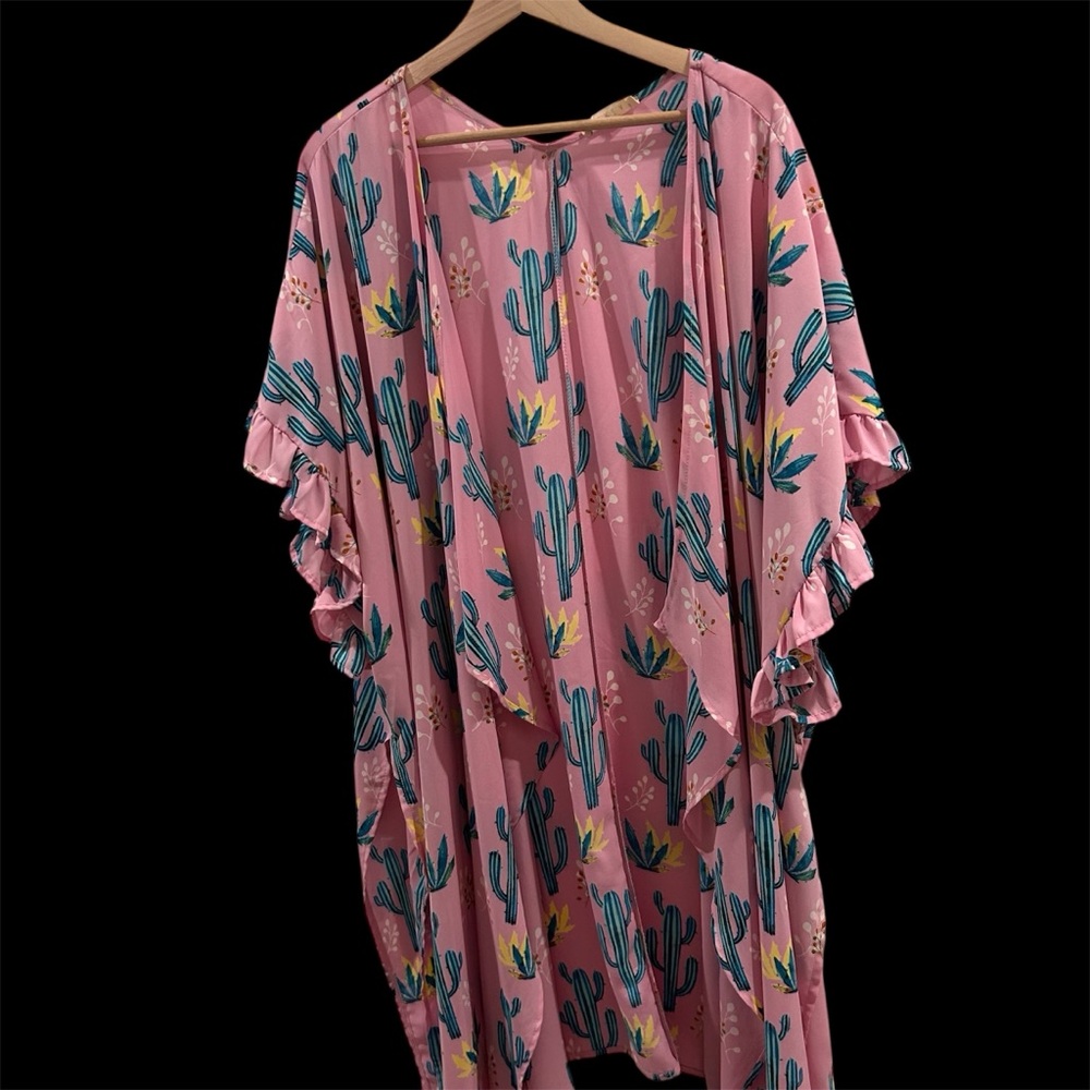Cactus Print Kimono Small (Oversized-upto XL) Ruffle Sleeve Open Front Boho - Picture 3 of 3